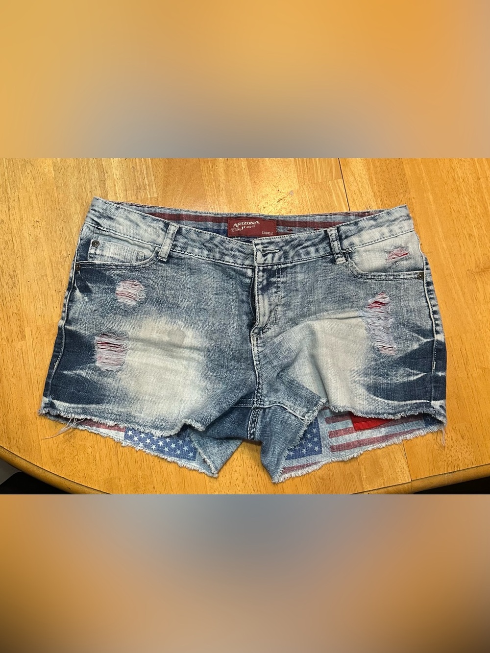 Arizona Jean Company Distressed Blue Denim Shorts with Flag Liner